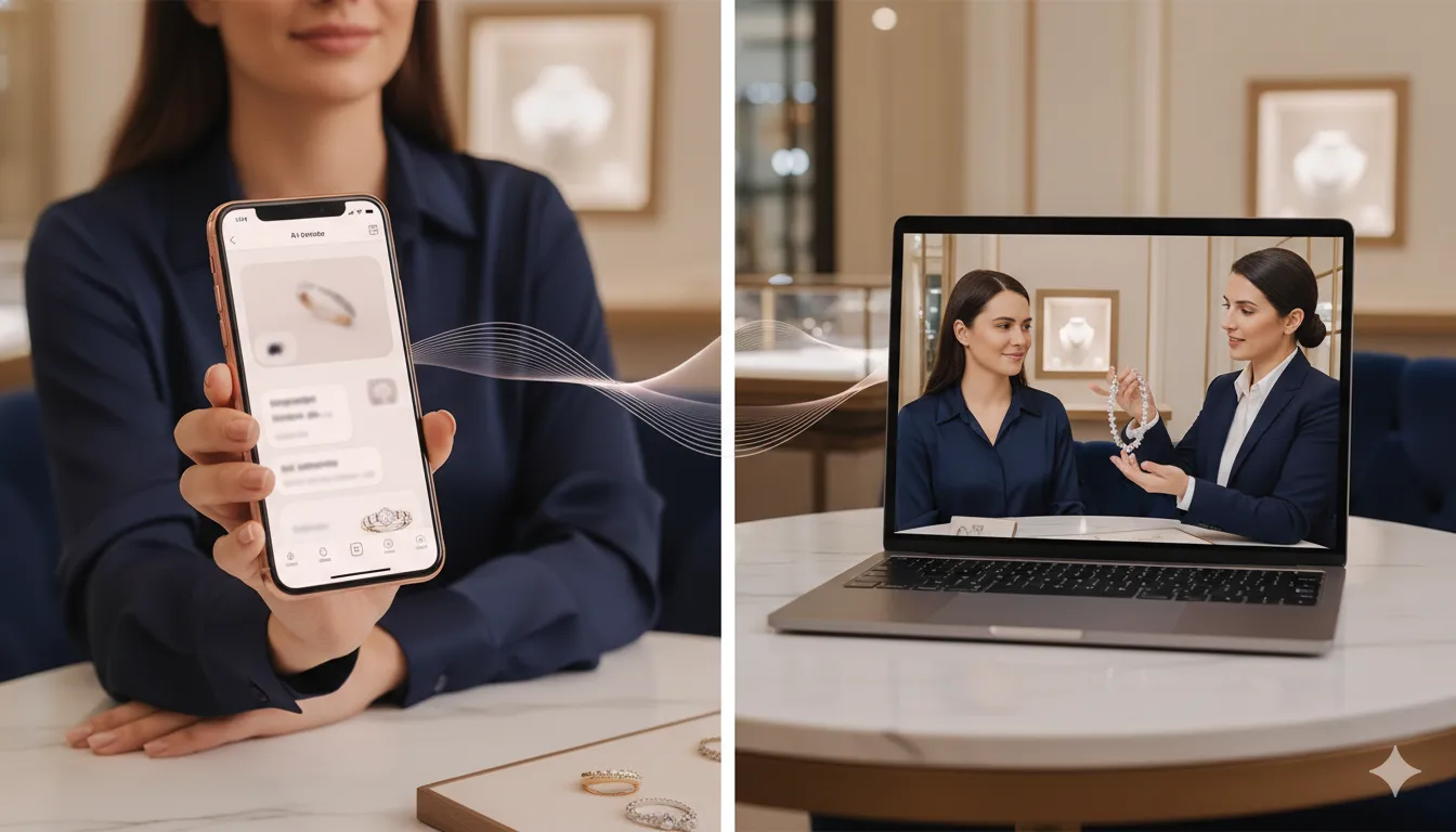 Split screen showing evolution from AI chat on smartphone to live video consultation on laptop, customer receiving personalized jewelry consultation from expert in luxury boutique setting