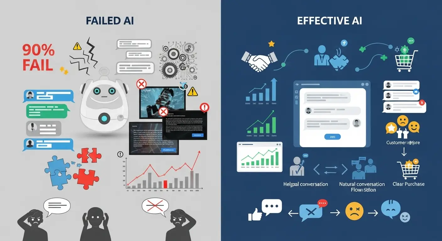 AI implementation challenges in marketing technology showing effective vs ineffective AI assistant approaches for ecommerce