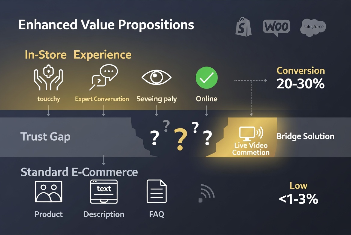 E-commerce value proposition strategy framework showing trust gap analysis and differentiation through live video commerce
