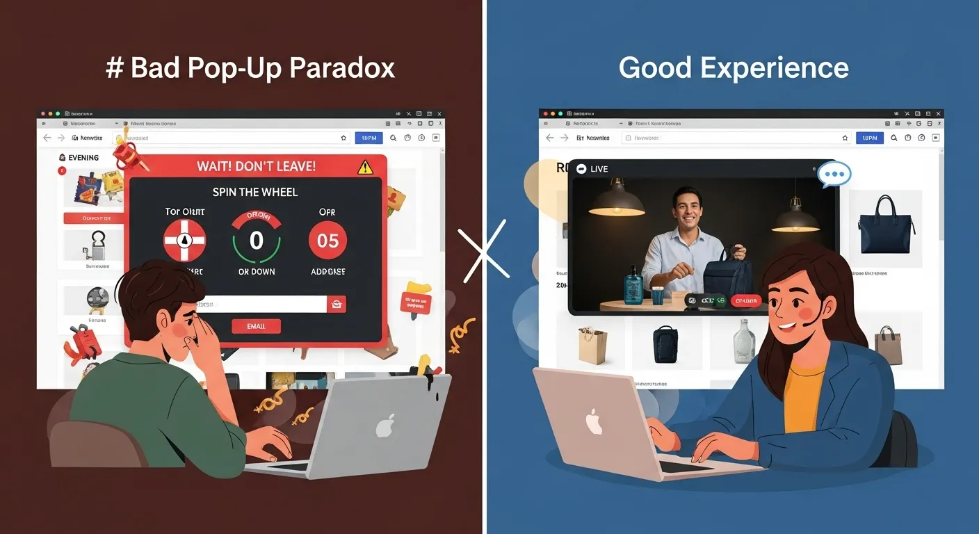 Split screen showing bad pop-up experience versus good conversational commerce experience - frustrated shopper facing aggressive spin-the-wheel popup contrasted with happy shopper engaging with helpful live video consultant