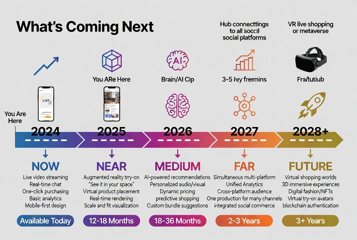 Live shopping technology architecture diagram showing streaming, engagement, and commerce components for retailtainment platforms in 2025