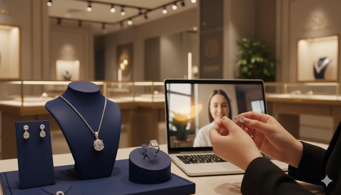 Luxury jewelry consultant conducting personalized video consultation showing diamond ring to customer on laptop in elegant boutique setting