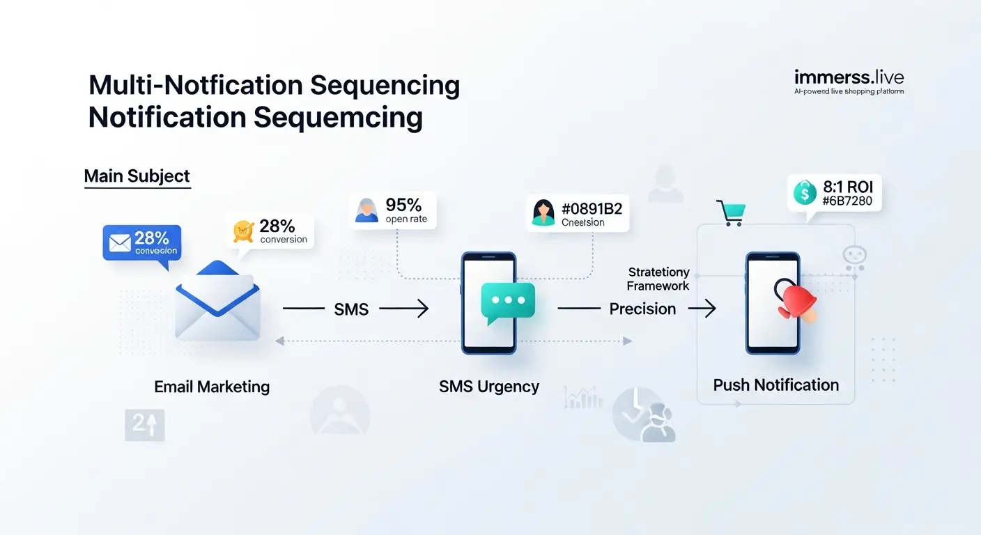 Multi-channel notification sequencing strategy diagram showing email, SMS and push notification workflow for ecommerce
