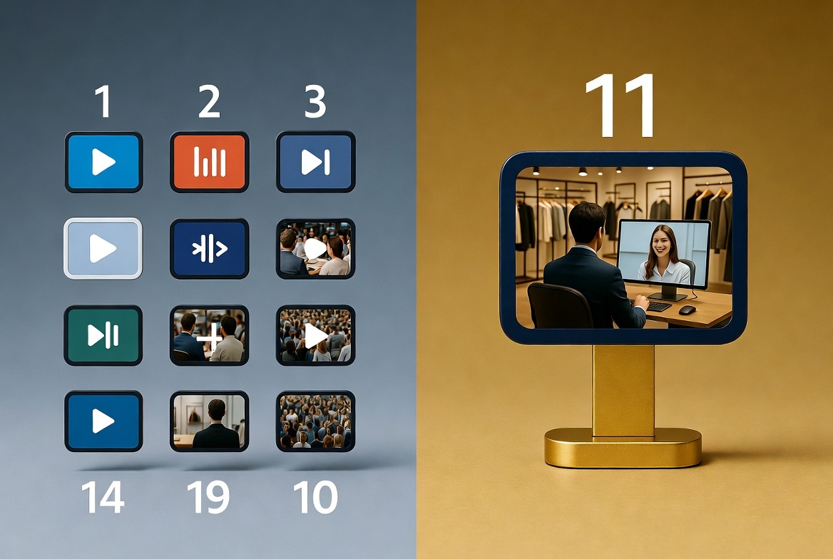 Visual comparison of 10 mass market video commerce platforms versus luxury consultation model, showing one-to-one video consultation with customer and specialist in professional retail setting with luxury fashion boutique background